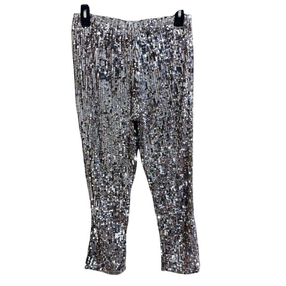 Zara Metallic Silver & Gold Cropped Pants Size Medium EUC Sequins Elastic Waist - Picture 4 of 9